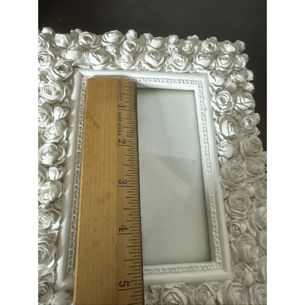 White 3D Roses Photo Frame Shabby Chic Cottage Wedding  3x5 Ceramic Felt Back